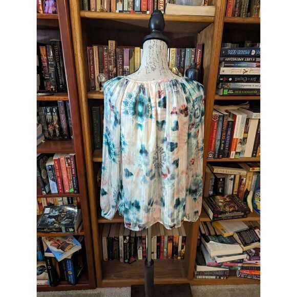 INC silky satin watercolor like poet sleeve blouse sz m euc - Picture 2 of 7